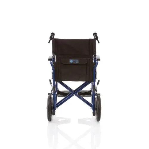 Carrozzina pieghevole, seduta 46 cm, colore blu, larghezza 60,5 cm: pieghevole, telaio a doppia crociera in acciaio verniciato, ruote posteriori diametro 30 cm, braccioli corti ribaltabili ed estraibili, schienale pieghevole con freni operatore.