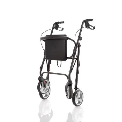 Rollator pieghevole in alluminio, 4 ruote Ø20 cm EVA, seduta imbottita 38×34 cm con schienale, cestino porta oggetti, freni a doppia funzione, impugnature anatomiche regolabili 80–93 cm, portata 136 kg, peso 8,4 kg