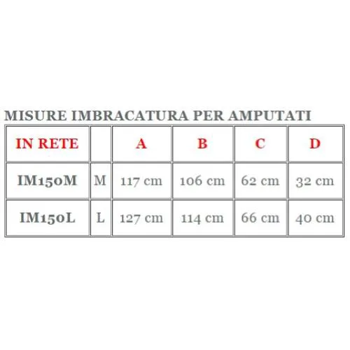 Imbracatura per amputati in tela, senza poggiatesta, taglia L, portata max 250 kg, tessuto poliestere slipstex ad alta resistenza.