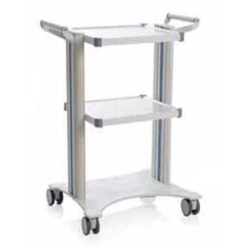 CARRELLO POLIFUNZIONALE (Misure 63 x 50 x H. 80 cm) 2 COLONNE IN ALLUMINIO (Bianche), 2 RIPIANI (35 x 40 cm) E MANIGLIE - ACCIAIO VERNICIATO - (Ruote anteriori di Ø 75 mm, ruote posteriori di Ø 75 mm con freno)