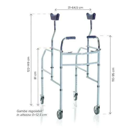 DEAMBULATORE PIEGHEVOLE CON APPOGGIO SOTTOASCELLARE - GAMBE REGOLABILI IN ALTEZZA - ACCIAIO VERNICIATO - 4 RUOTE PIROETTANTI (2 CON FRENI) - IMPUGNATURA ANATOMICA - REGOLABILE IN ALTEZZA, LARGHEZZA E PROFONDITA'