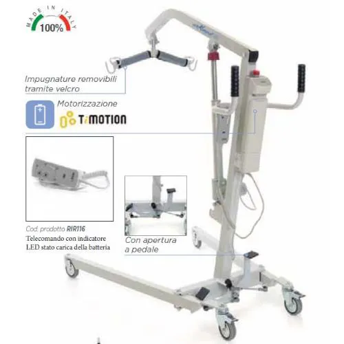 SOLLEVAMALATI ARKIMED ELETTRICO di piccole dimensioni ideale nelle cure domiciliari (Portata max 135 kg) - ATTUATORE TIMOTION, STRUTTURA IN ACCIAIO VERNICIATO, RUOTE PIROETTANTI (2 con freno), BASE REGOLABILE IN LARGHEZZA CON PEDALE