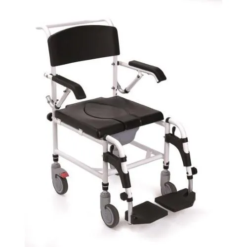 COMODA (seduta 50cm - LARGHEZZA 49) PER WC E DOCCIA IN ALLUMINIO VERNICIATO - CON BRACCIOLI RIBALTABILI E PEDANE RIBALTABILI GIREVOLI, ESTRAIBILI CON POGGIAPIEDI REGOLABILI IN ALTEZZA - 4 RUOTE PIROETTANTI