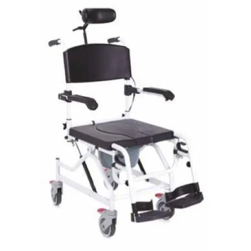 COMODA BASCULANTE (SEDUTA 46cm - LARGHEZZA 49) SU RUOTE PER WC E DOCCIA IN ALLUMINIO CON POGGIATESTA REGOLABILE E SEDUTA CON WC - PEDANE REGOLABILI - INCLINAZIONE SEDIA REGOLABILE