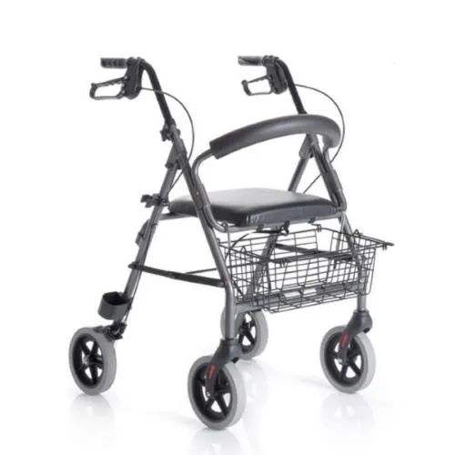 Rollator pieghevole in alluminio, 4 ruote Ø20 cm EVA, seduta imbottita 38×34 cm con schienale, cestino porta oggetti, freni a doppia funzione, impugnature anatomiche regolabili 80–93 cm, portata 136 kg, peso 8,4 kg