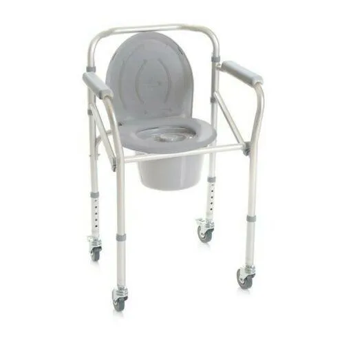 COMODA PER DOCCIA CON BRACCIOLI E RUOTE PIROETTANTI CON FRENO - 4 FUNZIONI IN UNA (rialzo per water, supporto per water, sedia comoda e sedile per doccia) - L:50 x P:43 (ingombro max 52) x H:64÷74 cm - Altezza seduta regolabile da 47 a 57 cm