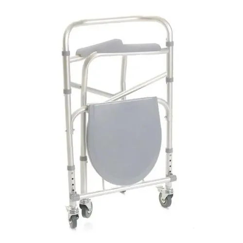 COMODA PER DOCCIA CON BRACCIOLI E RUOTE PIROETTANTI CON FRENO - 4 FUNZIONI IN UNA (rialzo per water, supporto per water, sedia comoda e sedile per doccia) - L:50 x P:43 (ingombro max 52) x H:64÷74 cm - Altezza seduta regolabile da 47 a 57 cm
