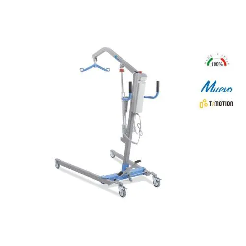 Sollevamalati elettrico, portata max 200 kg: apertura gambe a pedale con blocco di sicurezza, struttura in acciaio verniciato, 4 ruote piroettanti Ø10 cm (2 con freno), pulsante di stop di emergenza, telecomando.