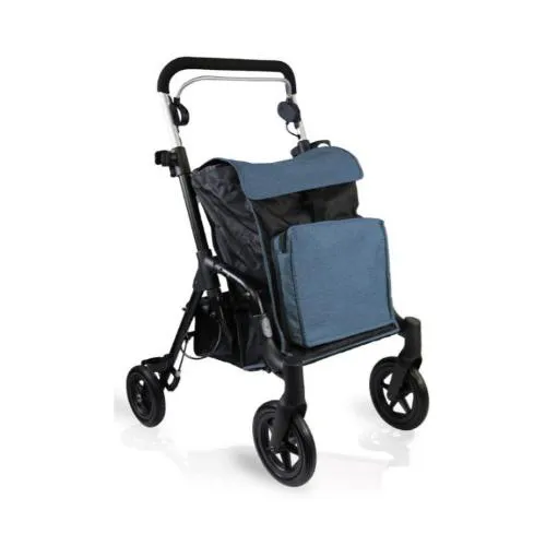 ROLLATORE PER SHOPPING (BLU) - Borsa anteriore con tasca termica - Portaoggetti posteriore - Portabastone e portabottiglia - Regolabile in altezza - Freno di stazionamento - Facile da chiudere