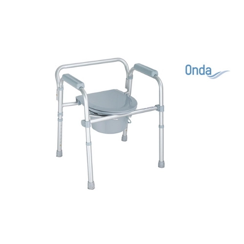 Sedia multifunzione pieghevole 4-in-1: rialzo water, supporto water, sedia comoda, sedile doccia. Struttura alluminio anodizzato, seduta PE, puntali gomma antiscivolo. Altezza seduta 42-58 cm, braccioli 59-74 cm. Portata 130 kg.