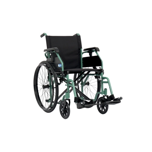 Carrozzina pieghevole, seduta 48 cm, colore verde, larghezza 64 cm: pieghevole ad autospinta trasformabile in transito, telaio a doppia crociera in acciaio verniciato, ruote posteriori diametro 60 cm, braccioli corti ribaltabili elevabili in altezza.
