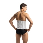 Fascia lombare self-care, altezza 27 cm, taglia XS, colore grigio melange. Chiusura a doppia banda, 4 aste automodellanti, tiranti supplementari incrociati, tessuto leggero e traspirante, 100% cotone a contatto pelle.