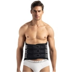 Corsetto lombo-sacrale alto, altezza 32 cm, taglia S, colore grigio scuro. Chiusura modulare brevettata a bloccaggio progressivo, 6 tiranti regolabili a velcro, tessuto traspirante in cotone.