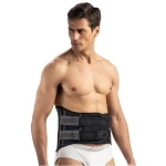Corsetto lombo-sacrale basso, altezza 27 cm, taglia S, colore grigio scuro. Chiusura modulare brevettata a bloccaggio progressivo, 4 tiranti regolabili a velcro, tessuto traspirante in cotone.