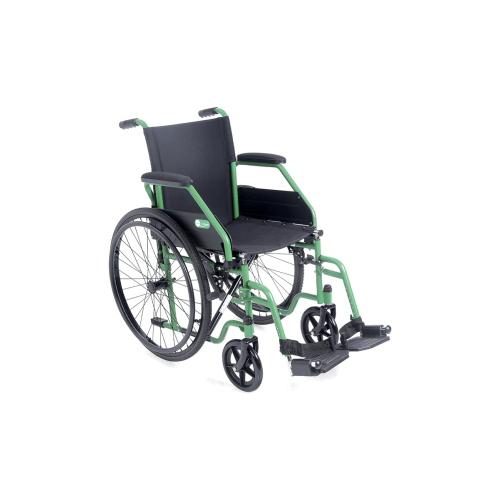 Carrozzina pieghevole, seduta 43 cm, colore verde, larghezza 60,5 cm: pieghevole ad autospinta, telaio a crociera singola in acciaio verniciato, ruote posteriori diametro 60 cm, braccioli corti ribaltabili, pedane estraibili regolabili in lunghezza.