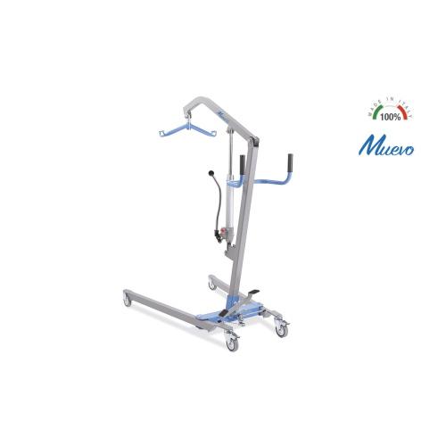 Sollevamalati idraulico, portata max 150 kg: apertura gambe a pedale con blocco di sicurezza, struttura in acciaio verniciato, 4 ruote piroettanti Ø10 cm (2 con freno), manopola regolazione velocità discesa.