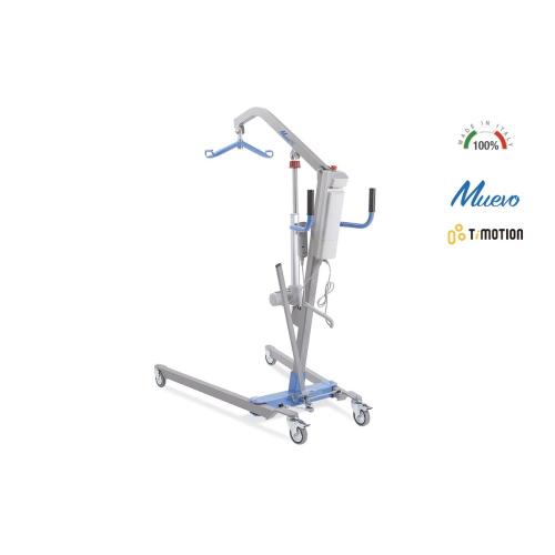 Sollevamalati elettrico, portata max 150 kg: apertura gambe a leva con blocco di sicurezza, struttura in acciaio verniciato, 4 ruote piroettanti Ø10 cm (2 con freno), pulsante di stop di emergenza, telecomando.