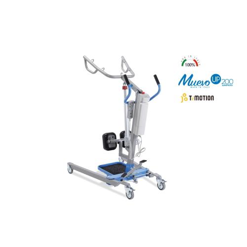 Verticalizzatore elettrico, portata max 200 kg: apertura gambe a pedale con blocco di sicurezza, struttura in acciaio verniciato, pedana rivestita in feltro, poggia-ginocchia regolabile in altezza e larghezza, ruote orientabili con freno.