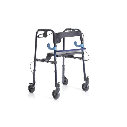 Rollator pieghevole in alluminio anodizzato con 2 ruote piroettanti anteriori (blocco direzionale) e 2 ruote fisse posteriori con freno, sedile ribaltabile imbottito e schienale in stoffa. Regolabile in altezza, portata max 130 kg.