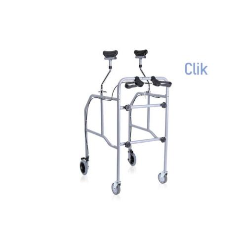 Deambulatore smontabile con appoggio sottoascellare in acciaio verniciato, con freni su ruote posteriori Ø 15,5 cm. Appoggi imbottiti regolabili. Portata max 130 kg.