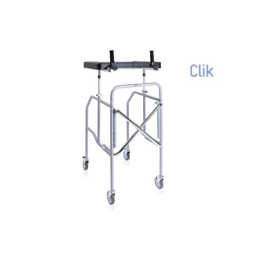 Deambulatore pieghevole con appoggio antibrachiale a tavolo in acciaio verniciato. 4 ruote piroettanti Ø 10 cm (2 con freno). Portata max 130 kg.