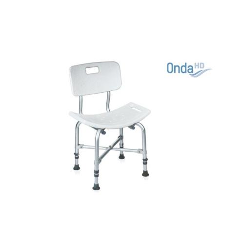 Sedile per doccia con schienale Serie Onda HD, struttura in alluminio rinforzata, seduta e schienale in HDPE regolabili in altezza. Portata max 227 kg.