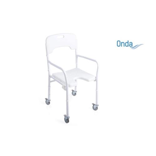 Sedia da doccia con seduta ad U su ruote, pieghevole e regolabile in altezza, Serie Onda. Portata max 120 kg.