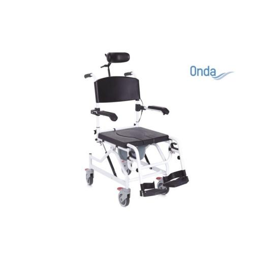 Sedia comoda per WC e doccia su ruote, basculante, imbottitura in PU, seduta 50 cm. Portata max 136 kg.