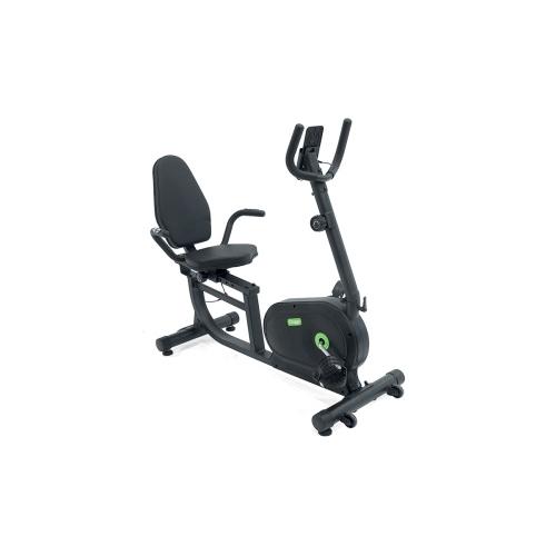 Cyclette per riabilitazione reclinata ad accesso facilitato, uso attivo, 8 livelli di intensità, display LCD, sensori battito cardiaco, seduta regolabile in profondità, ruotine per il trasporto, volano in ferro 3 kg, portata massima 120 kg.