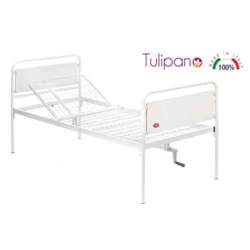 Letto degenza manuale 1 manovella 1 snodo - Tulipano, 1 snodi, portata max 135 kg, regolazione alzatesta/alzagambe tramite 1 manovella ripiegabili a scomparsa, angolo massimo alzatesta 72°.