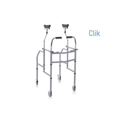 Deambulatore pieghevole con appoggio sottoascellare e impugnature anatomiche, gambe regolabili in altezza 0-12,5 cm. 4 ruote piroettanti Ø 10 cm (2 con freno). Portata max 130 kg, struttura in acciaio verniciato, appoggio imbottito regolabile.