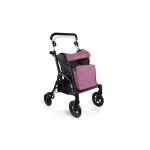 Rollator da shopping Komby colore rosa, uso esterno, ruote anteriori Ø20 cm piroettanti, borsa termica anteriore e portaoggetti posteriore. Portata max 136 kg, maniglia di spinta e freno a leva unica.