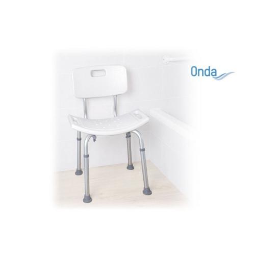 Sedile per doccia in alluminio anodizzato, seduta ergonomica in HDPE con schienale, Serie Onda. Portata max 136 kg, seduta e schienale ergonomici in HDPE, regolabile in altezza, montaggio senza attrezzi, struttura in alluminio anodizzato.