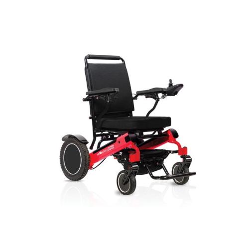 Carrozzina elettrica pieghevole CM850, telaio in alluminio, seduta 44 cm. Motore 2x250W, velocità max 6 km/h, autonomia 20 km, portata max 150 kg.