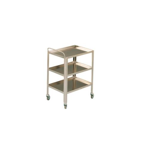 Carrello per medicazione in acciaio inox 18/10 a 3 ripiani in versione grande, per il trasporto e l'organizzazione di materiali in ospedali e ambulatori, maniglia di spinta, ruote Ø 8 cm, portata complessiva 60 kg, dim. 70x50x80h cm, peso 13 kg