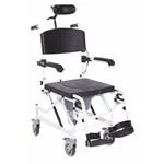 COMODA BASCULANTE (SEDUTA 46cm - LARGHEZZA 49) SU RUOTE PER WC E DOCCIA IN ALLUMINIO CON POGGIATESTA REGOLABILE E SEDUTA CON WC - PEDANE REGOLABILI - INCLINAZIONE SEDIA REGOLABILE