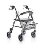 Rollator pieghevole in alluminio, 4 ruote Ø20 cm EVA, seduta imbottita 38×34 cm con schienale, cestino porta oggetti, freni a doppia funzione, impugnature anatomiche regolabili 80–93 cm, portata 136 kg, peso 8,4 kg